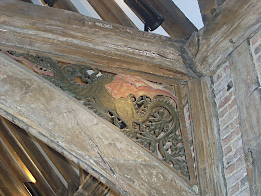 Dragon carving within medieval trading hall