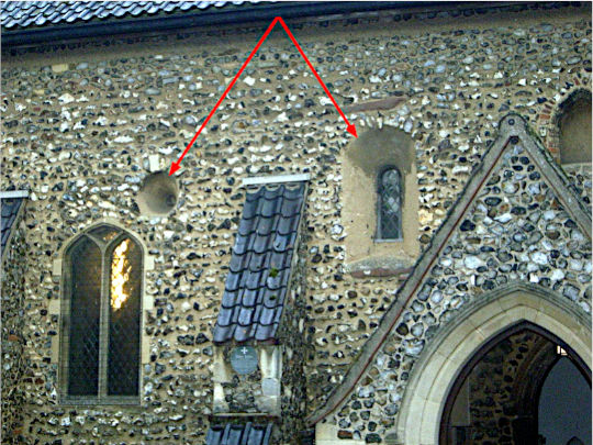 Saxon windows (arrowed) to church in Norwich